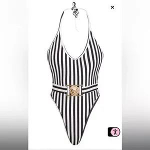 PrettyLittleThing Swim Black Mono Stripe Lion Belted Swimsuit